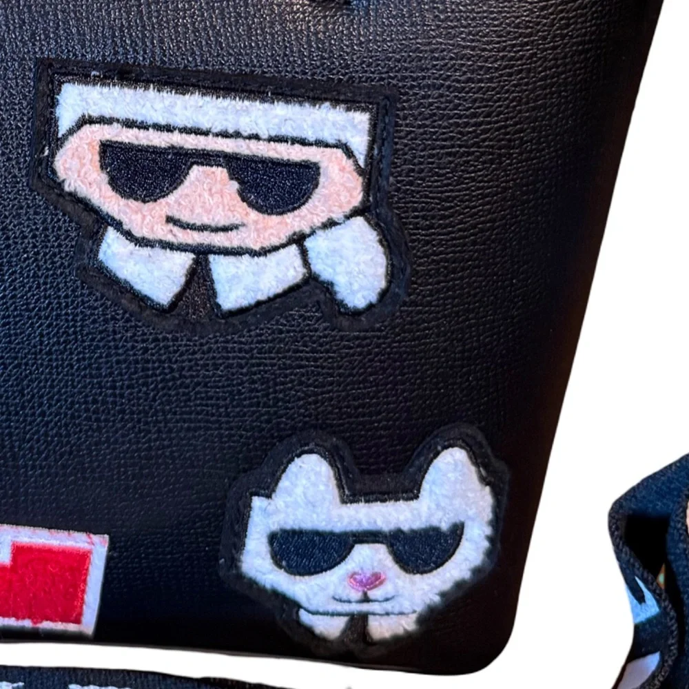 Karl Lagerfeld Paris NWT Classic Black Satchel Red & White KL Patches (P199) - Picture 5 of 11